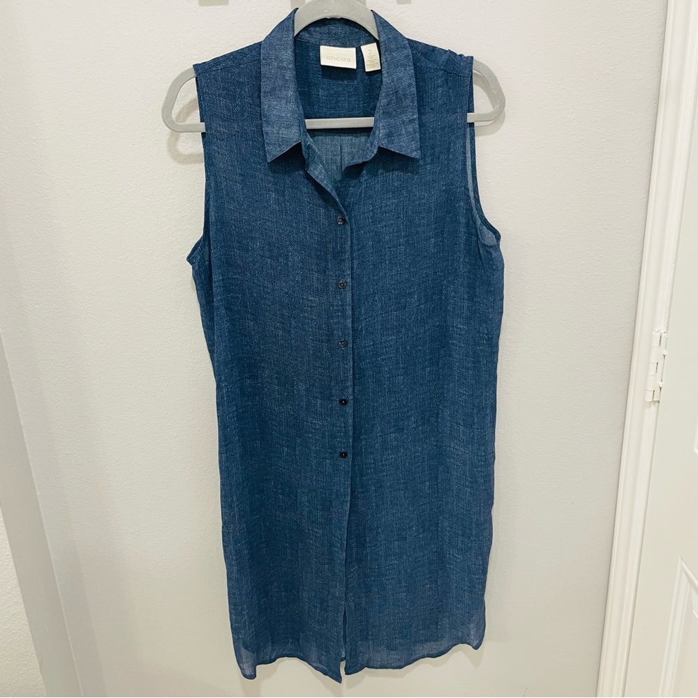 Chicos Sleeveless Sheer Button Down Denim Shirt Dress Womens Size L